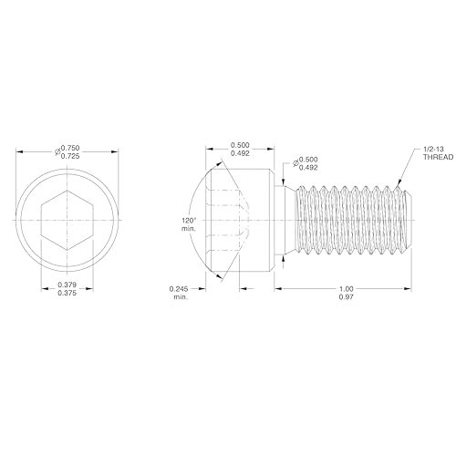 1/2-13 x 1" Socket Head Cap Screws, Full Thread, Allen Socket Drive, Stainless Steel 18-8, Bright Finish