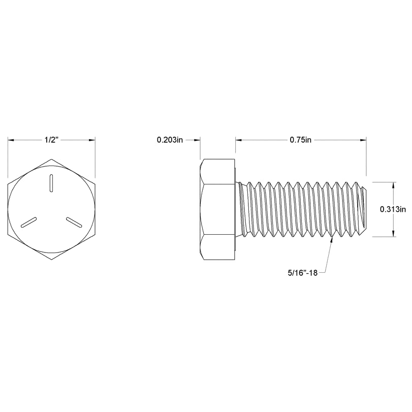 Grade 5 Zinc Plated Steel Hex Bolt, 5/16"-18 x 3/4" Length