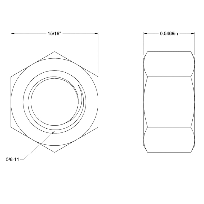 6061 Aluminum Hex Nut, 5/8"-11 Thread Size